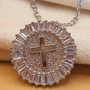 💎Shiny Round Cross Carved CZ Full Silver Plated Dainty Necklace,, INDN8638